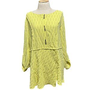 Ali Miles Womens Sz L Yellow & Black Striped Tunic Top With Roll-Tab Sleeves